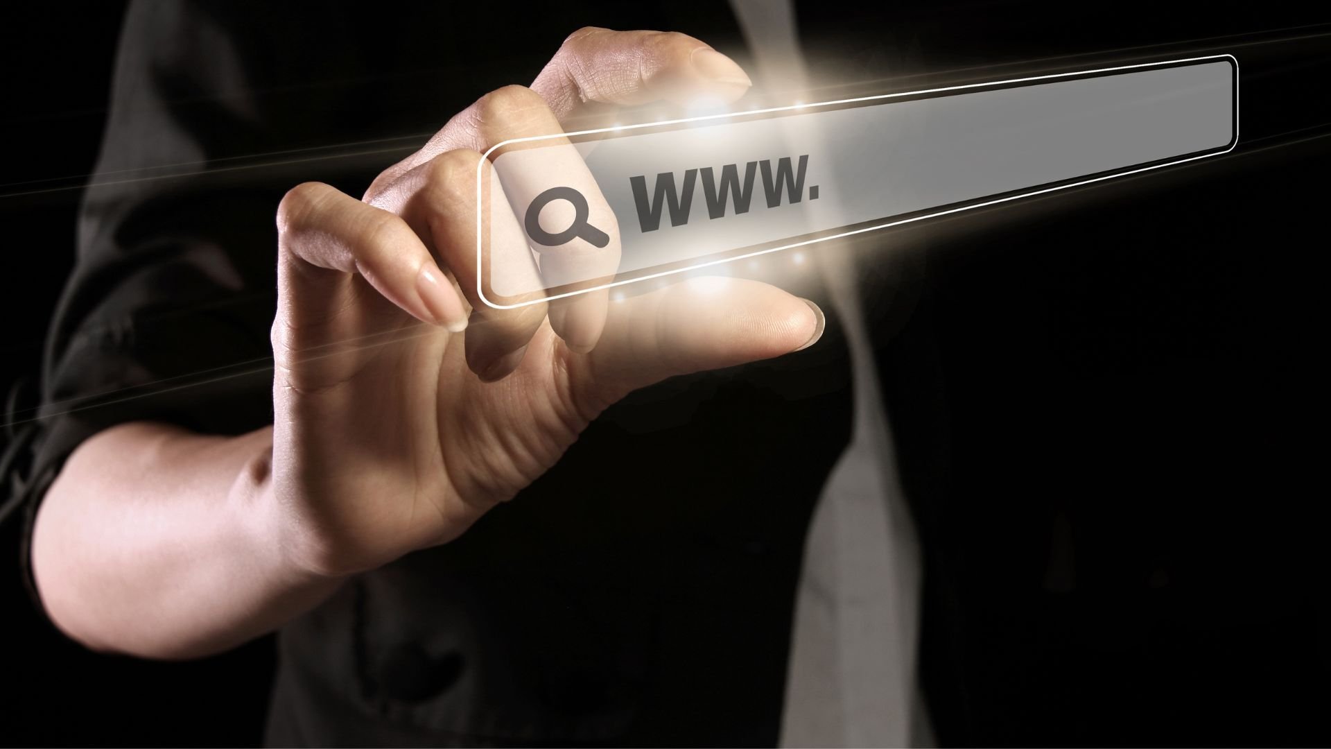 a person reaching up to a virtual search bar