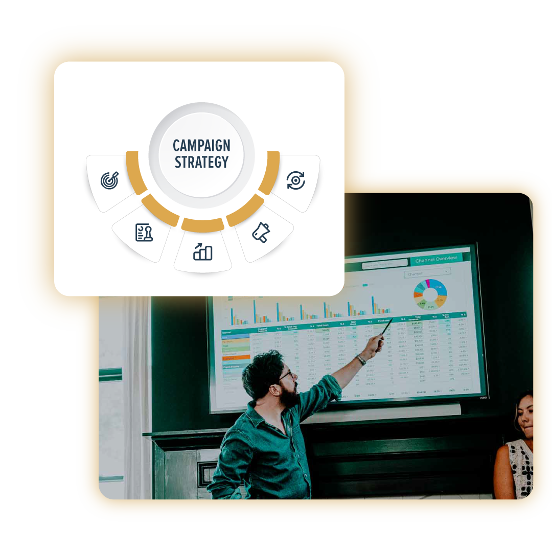 Image of man pointing to large paid social presentation. Inset graphic of campaign strategy icon.